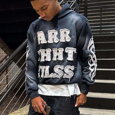 Vintage Sol Desvanecido Acid Wash Distressed Patch Aplique bordado con capucha recortada camiseta de arriba de cultivo para hombres