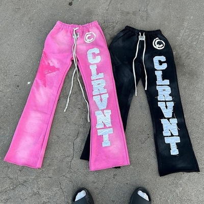 pantalones de deporte masculinos enflorecidos negro de gran tamaño corte crudo de lavar con el ácido Sunfaded bordado parche