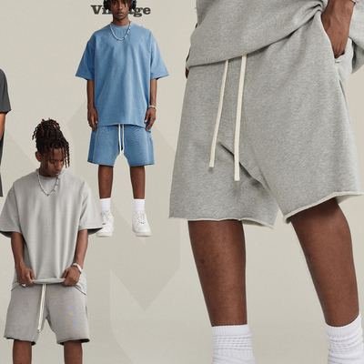 2024 Verano de los hombres Acido lavado Corredor gimnasio de ejercicios Vintage cintura elástica camiseta corta crudo