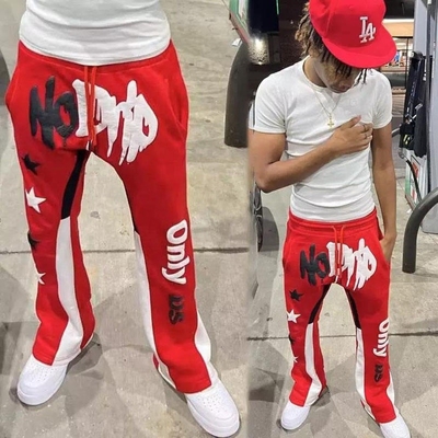 pantalones de sudor de color rojo para hombres Corredores antiestáticos Pantalones de sudor de estilo vintage Impresión puff