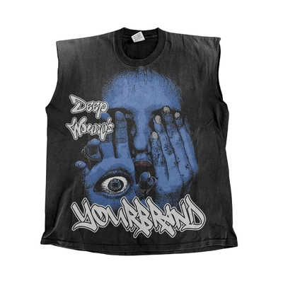 Camiseta sin mangas para hombres con logotipo personalizado Impresión DTG y diseño de costillas lavadas de época