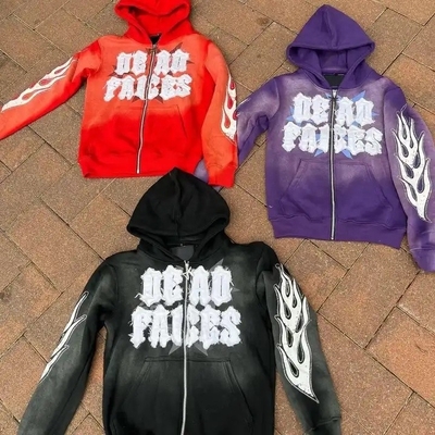 Stonewashed Vintage Men's Cut And Sew Distressed Embroidery Patch Sun Fading Purple Zip Up Acid Wash Hoodie