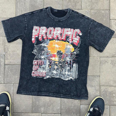 Unisex ropa callejera camiseta negra lavada de gran tamaño Acid lavado Plain Vintage Piedra de peso pesado