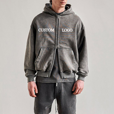 Vestidos de calle Distressed Rasgados Lavados Hoodies personalizados de algodón con doble cremallera Hoodie para hombres