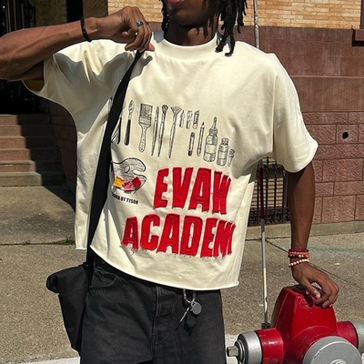 180 gramos estilo hip hop bordado personalizado con parche logotipo camiseta de caída hombro