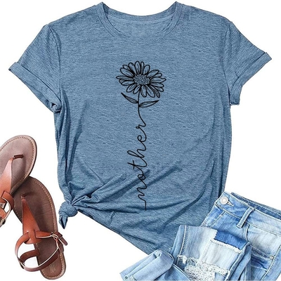 T-shirts de impresión por transferencia de calor para mujeres madres de verano mamás girasol flores casuales