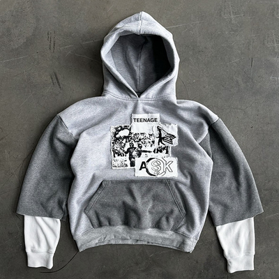 Pullover gris masculino con sudadera con bordado de parche personalizado y manga de gofres de doble capa