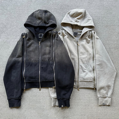 Patch personalizado Triple Zip Up Peso pesado Francés Terry Desvanecido Acid Wash Hoodie