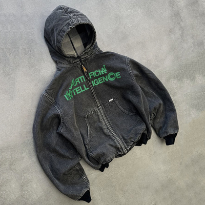 Peso pesado personalizado Boxy Fit Vintage Acid Wash Rasgado Distressed Zip Up Denim Hoodie chaqueta hombres