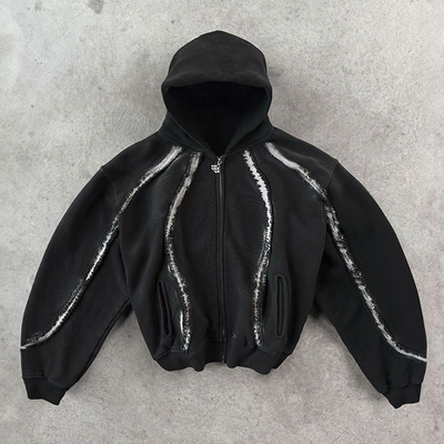 Hoodie de ropa callejera con franjas de estilo vintage 100% de algodón con cremallera de pesos pesados con correa cortada