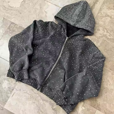 Pantalón con cremallera de peso pesado 100% de algodón Terry Hoody Sweatshirt de ropa callejera Rhinestone Zip Up Hoodie para hombres