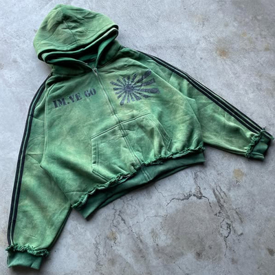 Tejido reversible a medida Peso pesado de algodón Distressed vintage lavado con ácido de gran tamaño Boxy Zip Up Hoodie doble con capucha