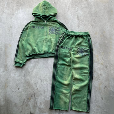 Limpieza con ácido de época personalizada con punto inverso con doble capucha Hoodies y sweatpants conjunto masculino Sweatsuit Jogging Set Track Suit para hombres