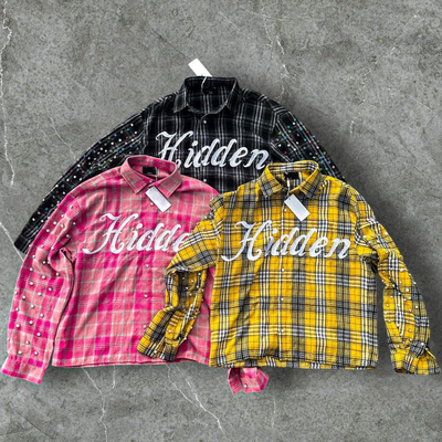 Camisas a cuadros cálidas de invierno bordado manga larga de gran tamaño lavado con ácido de diamante de piedra rínica botón hasta camisas de franela hombres