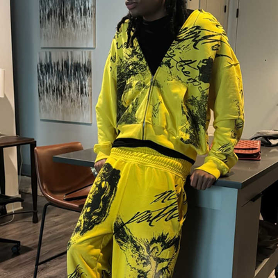 Hombres con trajes de sudor Trajes de deporte por todas partes Graffiti Impresión vintage lavado con ácido Freno con capucha y pantalones de sudor para adultos