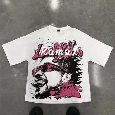 200GSM 100% de algodón Vintage Streetwear Camiseta cortada en caja Camiseta de gran tamaño Impresión gráfica