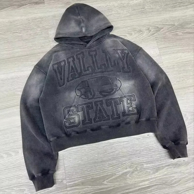 Fabricantes de prendas de vestir Oem Pullover de algodón Sol desvanecido de gran tamaño ropa callejera vintage lavado con ácido en apuros sudaderas bordadas
