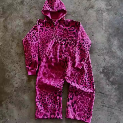 Trajes de deporte franceses de Terry de impresión de leopardo con cremallera sudaderos y sudadera con capucha Conjunto Baggy Jogger Conjunto de ropa callejera hombres Conjunto de 2 piezas