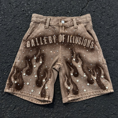 Custom 2025 Verano Jeans Rhinestone Calzoncillos Streetwear Marrón Bañados Denim Calzoncillos Cortos Vintage Bolsillos