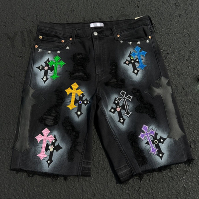 Camisetas de alta calidad de moda de calle Rhinestones Jeans cortos Embroidery con patchwork de lujo Camisetas cortas de denim para hombres