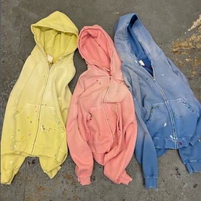 Lavado a medida, sol desvanecido, hombres en apuros, cortado, algodón Terry, peso pesado, 420 Gsm, cremallera, remachado, con estampilla, sudadera de piedra.