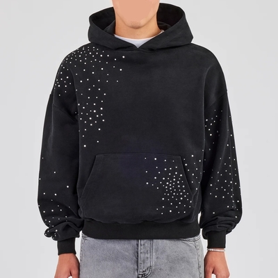 Sudadera con capucha personalizada para hombre, estilo urbano, con bordado de logotipo, lavado ácido vintage, sobredimensionada, con hombros caídos y pedrería