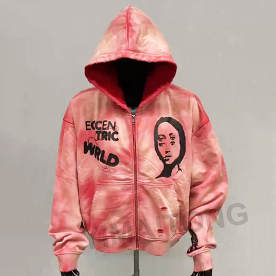 Vintage Acid Wash Sol Desvanecido Hoodie con capucha grande y cremallera de ropa callejera francesa
