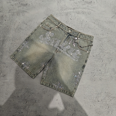 Custom Stone Lavado Bling Crystal Baggy de gran tamaño ropa callejera de peso pesado Denim 100 algodón Denim calzoncillos de hombre calzoncillos de época