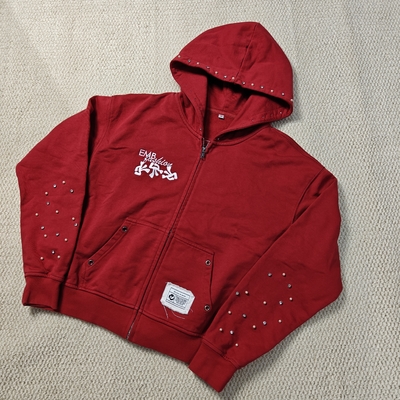 Sudadera con capucha roja lavada personalizada, bordado desgastado, algodón French Terry, gemas, perlas, sobredimensionada, estilo cuadrado, con cremallera para hombre